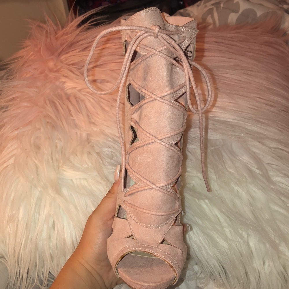 Pink Suede High Heel Peep Toe Bootie - Picture 4 of 4